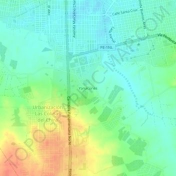 Mapa topográfico Yanacones, altitud, relieve