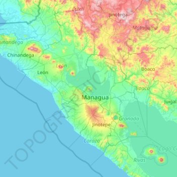 Mapa topográfico Península de Chiltepe, altitud, relieve