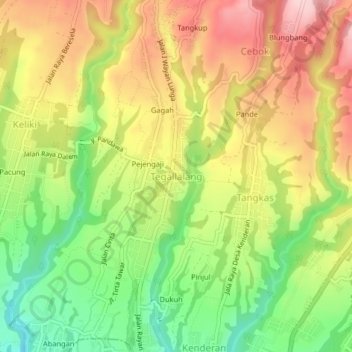 Mapa topográfico Tegallalang, altitud, relieve