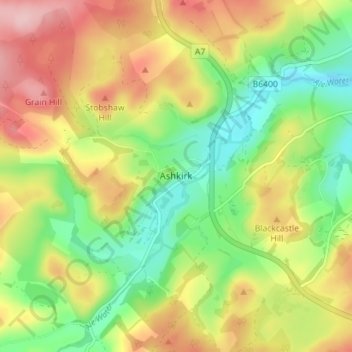 Mapa topográfico Ashkirk, altitud, relieve