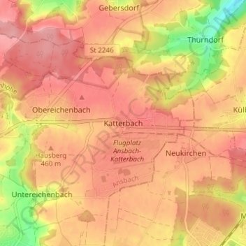 Mapa topográfico Katterbach, altitud, relieve