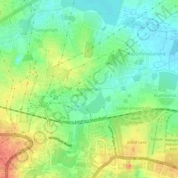 Mapa topográfico Kodigehalli, altitud, relieve