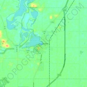 Mapa topográfico Nagambie, altitud, relieve