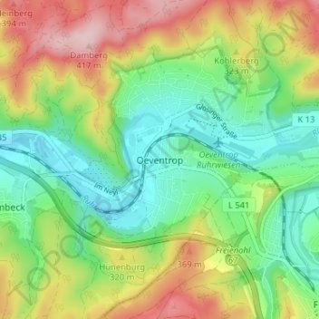 Mapa topográfico Oeventrop, altitud, relieve