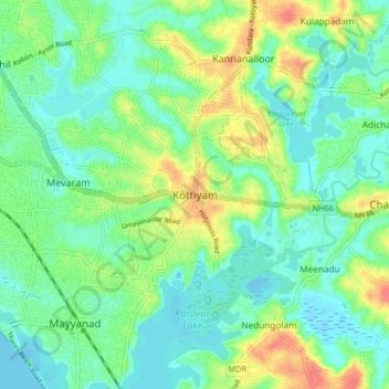 Mapa topográfico Kottiyam, altitud, relieve