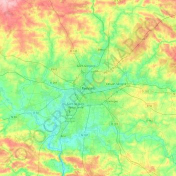 Mapa topográfico Rennes, altitud, relieve