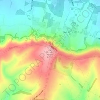 Mapa topográfico Ditchling Beacon, altitud, relieve