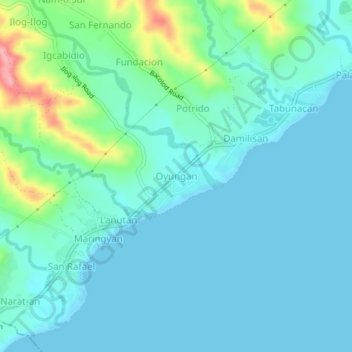 Mapa topográfico Oyungan, altitud, relieve