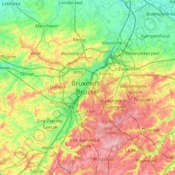 Mapa topográfico Bruxelles, altitud, relieve