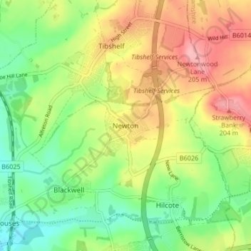 Mapa topográfico Newton, altitud, relieve