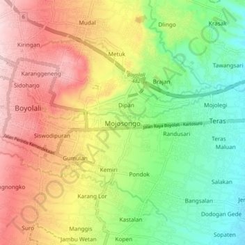 Mapa topográfico Mojosongo, altitud, relieve
