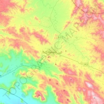 Mapa topográfico Keren, altitud, relieve