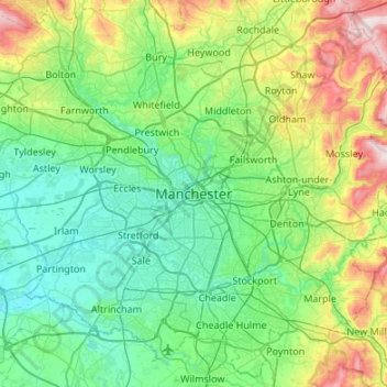 Mapa topográfico Manchester, altitud, relieve
