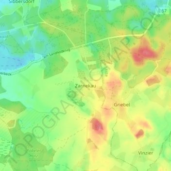 Mapa topográfico Zarnekau, altitud, relieve