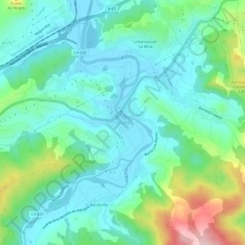 Mapa topográfico Oruña, altitud, relieve