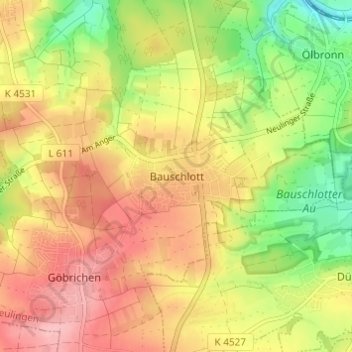 Mapa topográfico Bauschlott, altitud, relieve