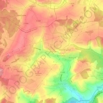 Mapa topográfico Mainwangen, altitud, relieve