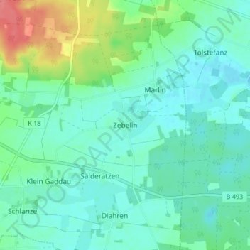 Mapa topográfico Zebelin, altitud, relieve
