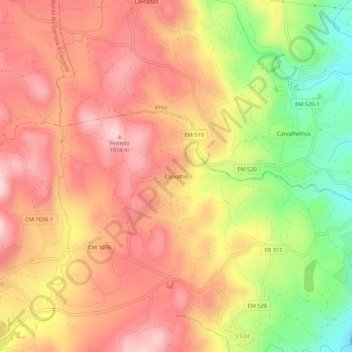 Mapa topográfico Carvalho, altitud, relieve