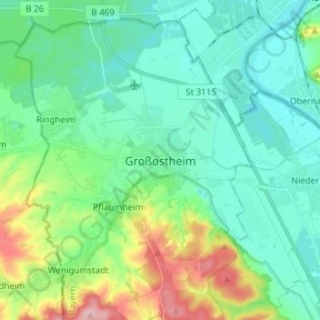 Mapa topográfico Großostheim, altitud, relieve