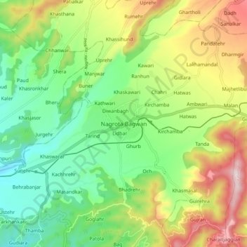 Mapa topográfico Nagrota Bagwan, altitud, relieve