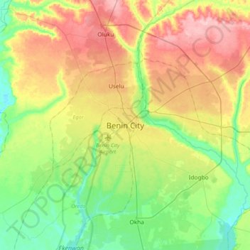 Mapa topográfico Benin City, altitud, relieve