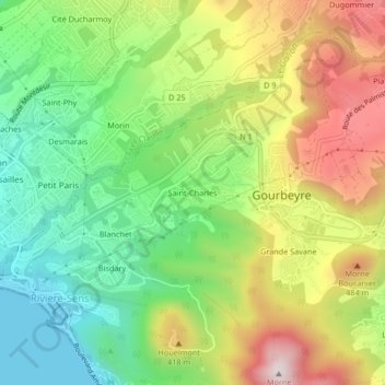 Mapa topográfico Saint-Charles, altitud, relieve