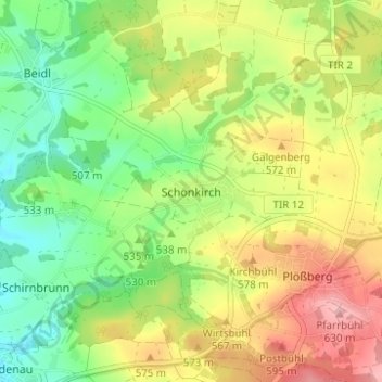 Mapa topográfico Schönkirch, altitud, relieve