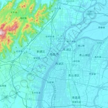 Mapa topográfico Nanchang, altitud, relieve