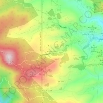 Mapa topográfico Nevadaville, altitud, relieve