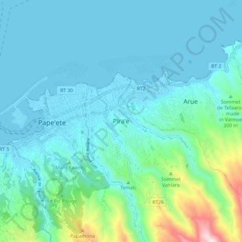 Mapa topográfico Pīra’e, altitud, relieve