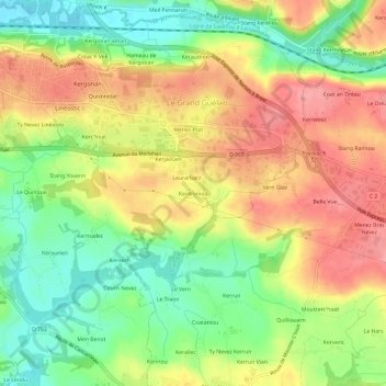 Mapa topográfico Kerdroniou, altitud, relieve
