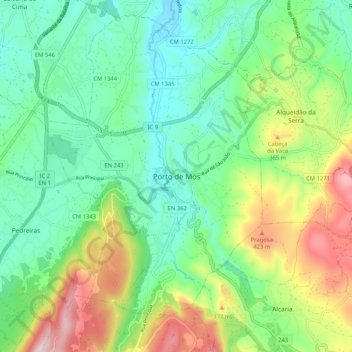 Mapa topográfico Porto de Mós, altitud, relieve