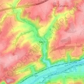 Mapa topográfico Awirs, altitud, relieve
