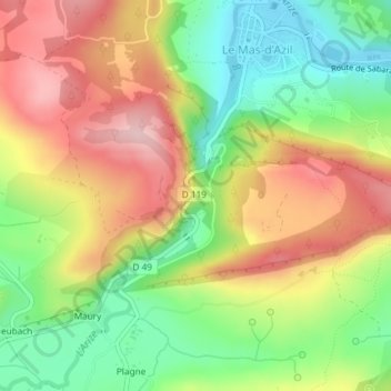 Mapa topográfico Grotte du Mas-d'Azil, altitud, relieve