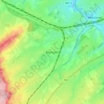 Mapa topográfico Montzen, altitud, relieve