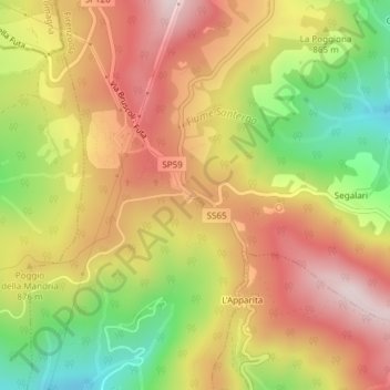Mapa topográfico Passo della Futa, altitud, relieve