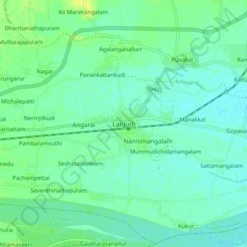 Mapa topográfico Lalgudi, altitud, relieve