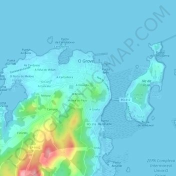 Mapa topográfico Os Pardiños, altitud, relieve