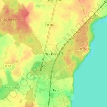 Mapa topográfico Neu Lübstorf, altitud, relieve
