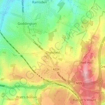 Mapa topográfico Chelsfield, altitud, relieve