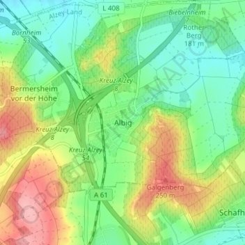 Mapa topográfico Albig, altitud, relieve