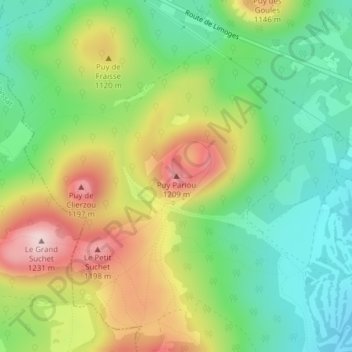 Mapa topográfico Puy Pariou, altitud, relieve