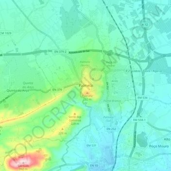 Mapa topográfico Palmela, altitud, relieve