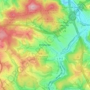 Mapa topográfico Hillmicke, altitud, relieve