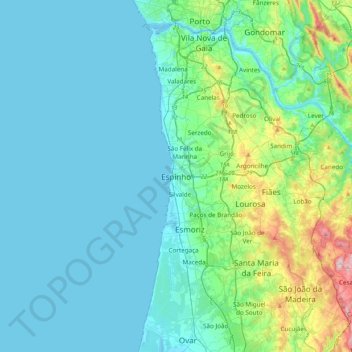 Mapa topográfico Espinho, altitud, relieve