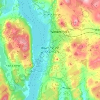 Mapa topográfico Bowness-on-Windermere, altitud, relieve