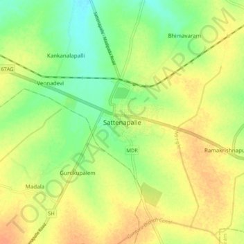 Mapa topográfico Sattenapalle, altitud, relieve