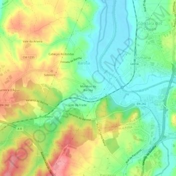 Mapa topográfico Moinhos da Barosa, altitud, relieve