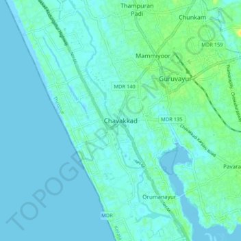 Mapa topográfico Chavakkad, altitud, relieve